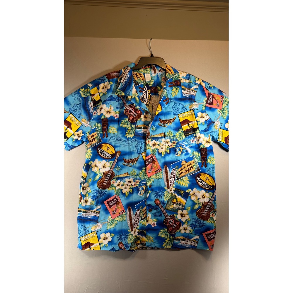 Palmwave Hawaii Mens 2XL Blue Tropical Postcard Map Print Cotton Aloha Shirt NWT